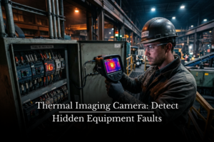 Thermal camera scanning an electrical panel showing red hotspot areas.